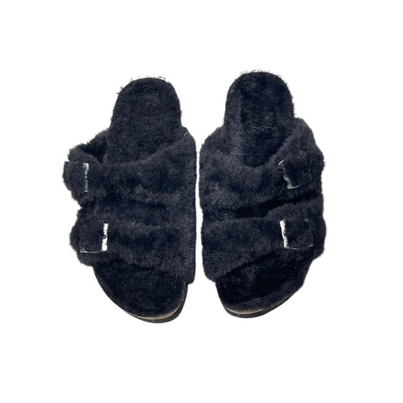 Black Faux Fur Double-Buckle Slide Sandals With Cork Sole - Womens Size 40 EU  9 - Picture 8 of 11